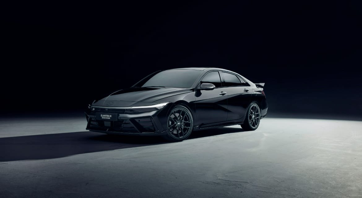 Hyundai Elantra N Monochrome in Abyss Black Pearl, front three-quarter view