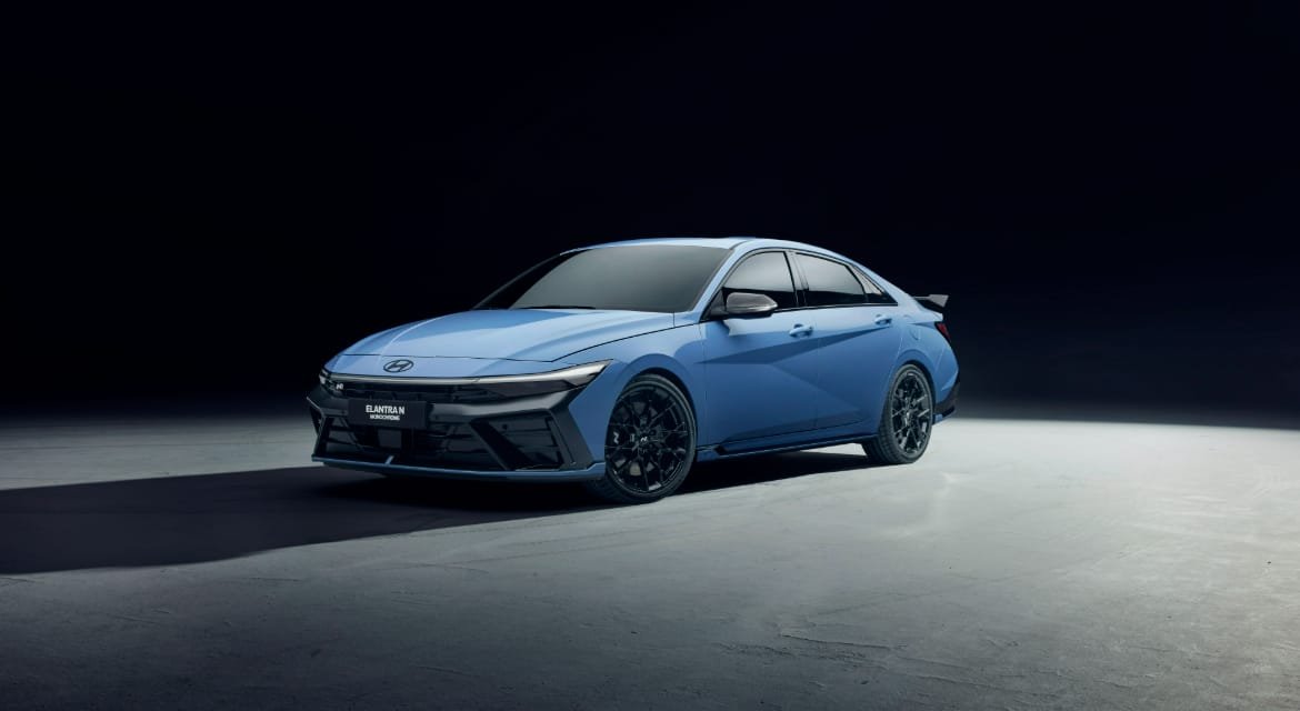 Hyundai Elantra N Monochrome in Performance Blue, front three-quarter view